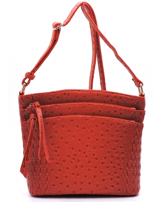 Ostrich Croc Multi Zip Pocket Crossbody Bag OS059 BURNT ORANGE